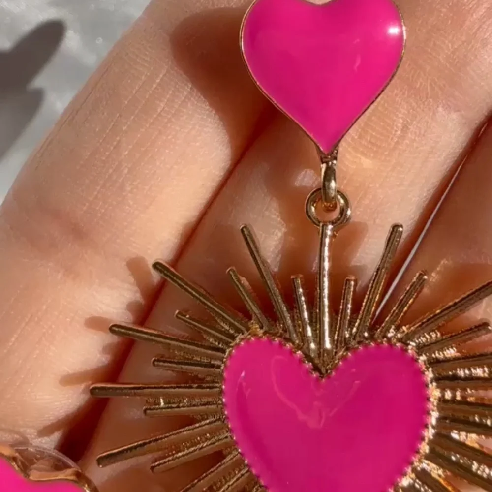 Pink Heart Burst Statement Earrings | Gold Sunray Dangle | Bold Retro Jewelry - Picture 6 of 6